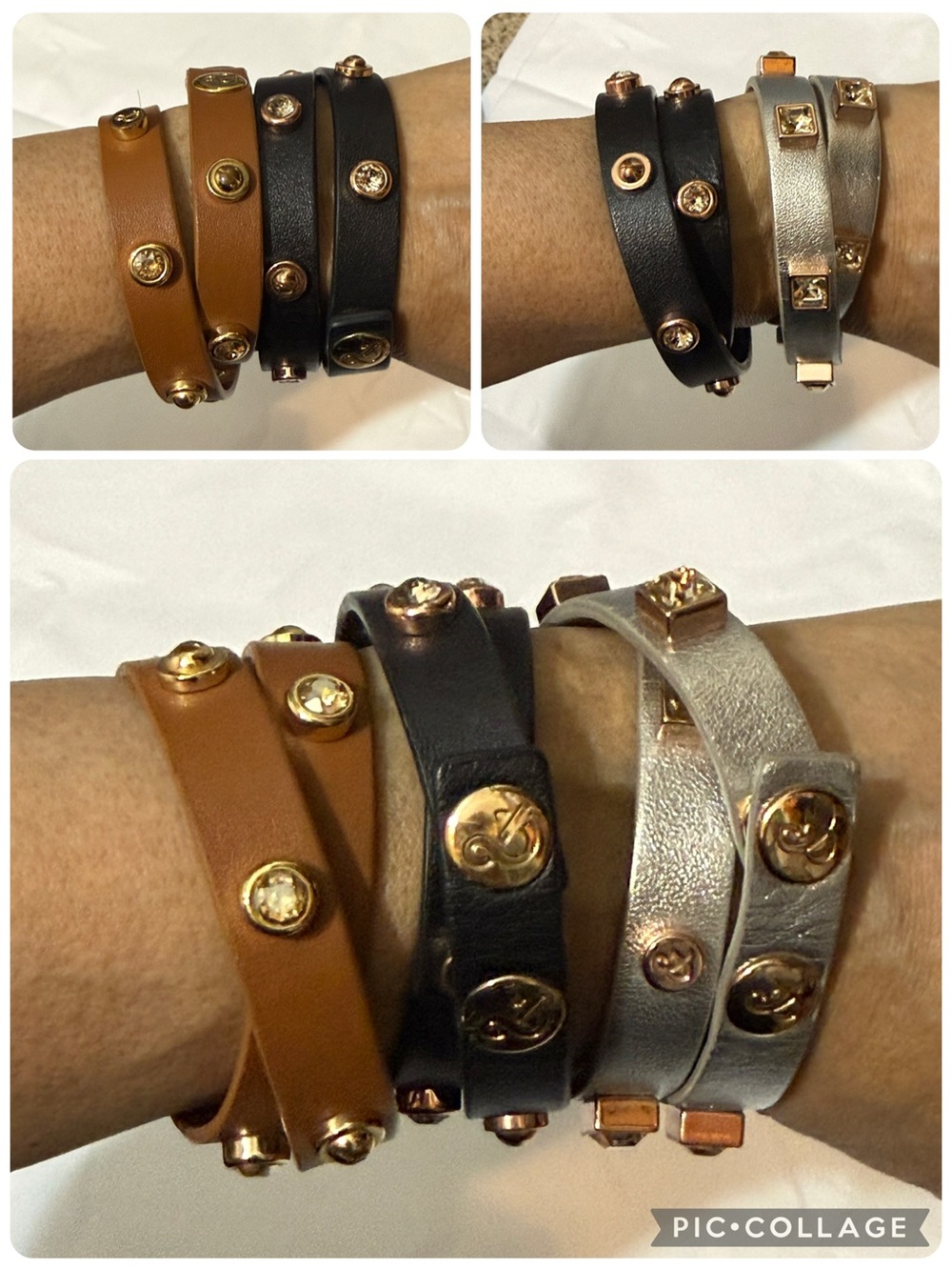 Leather Wrap Ampersand Bracelet Set 3 Gold Stud Accents - Black, Cognac, Silver